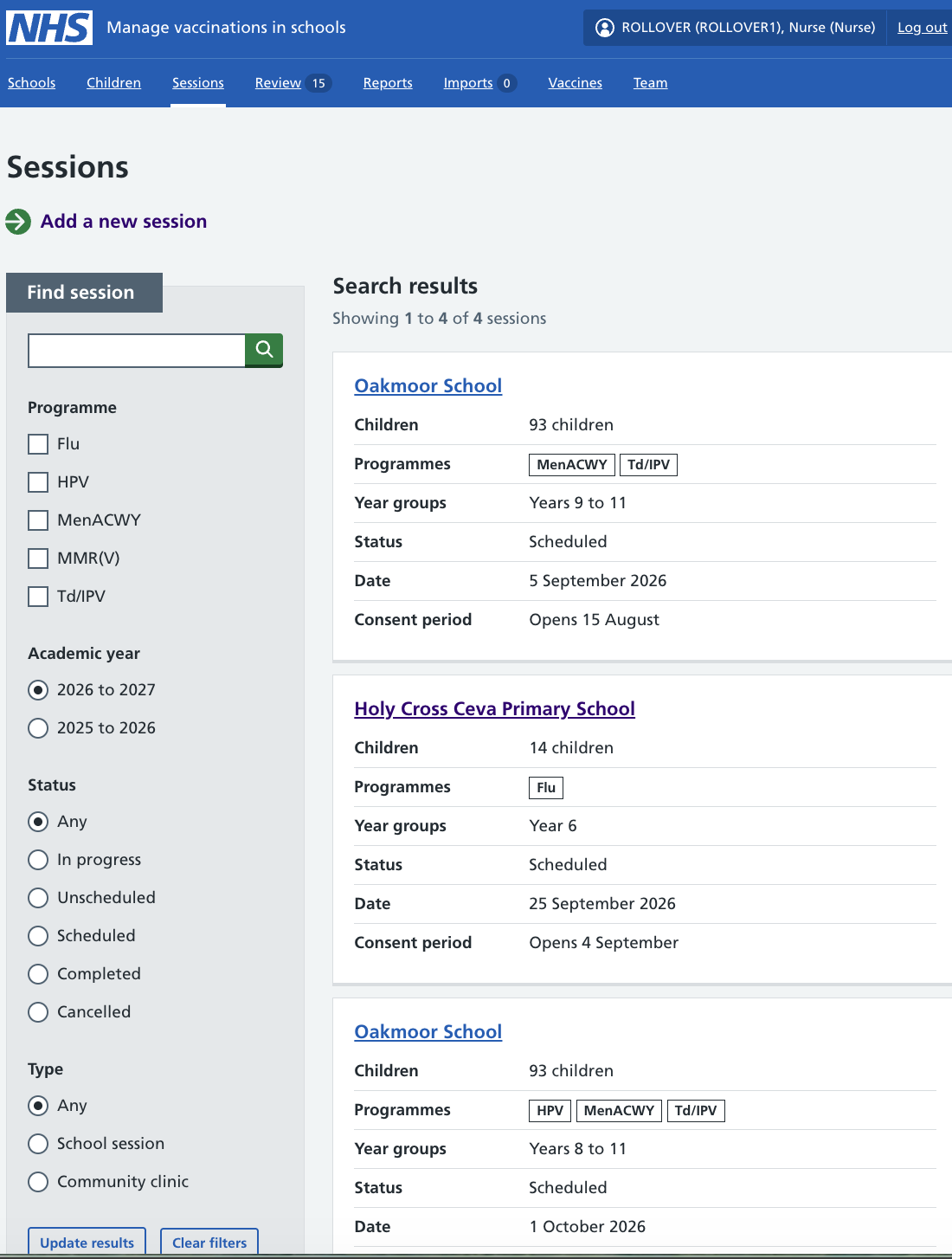 Screenshot of session filters showing two academic years.