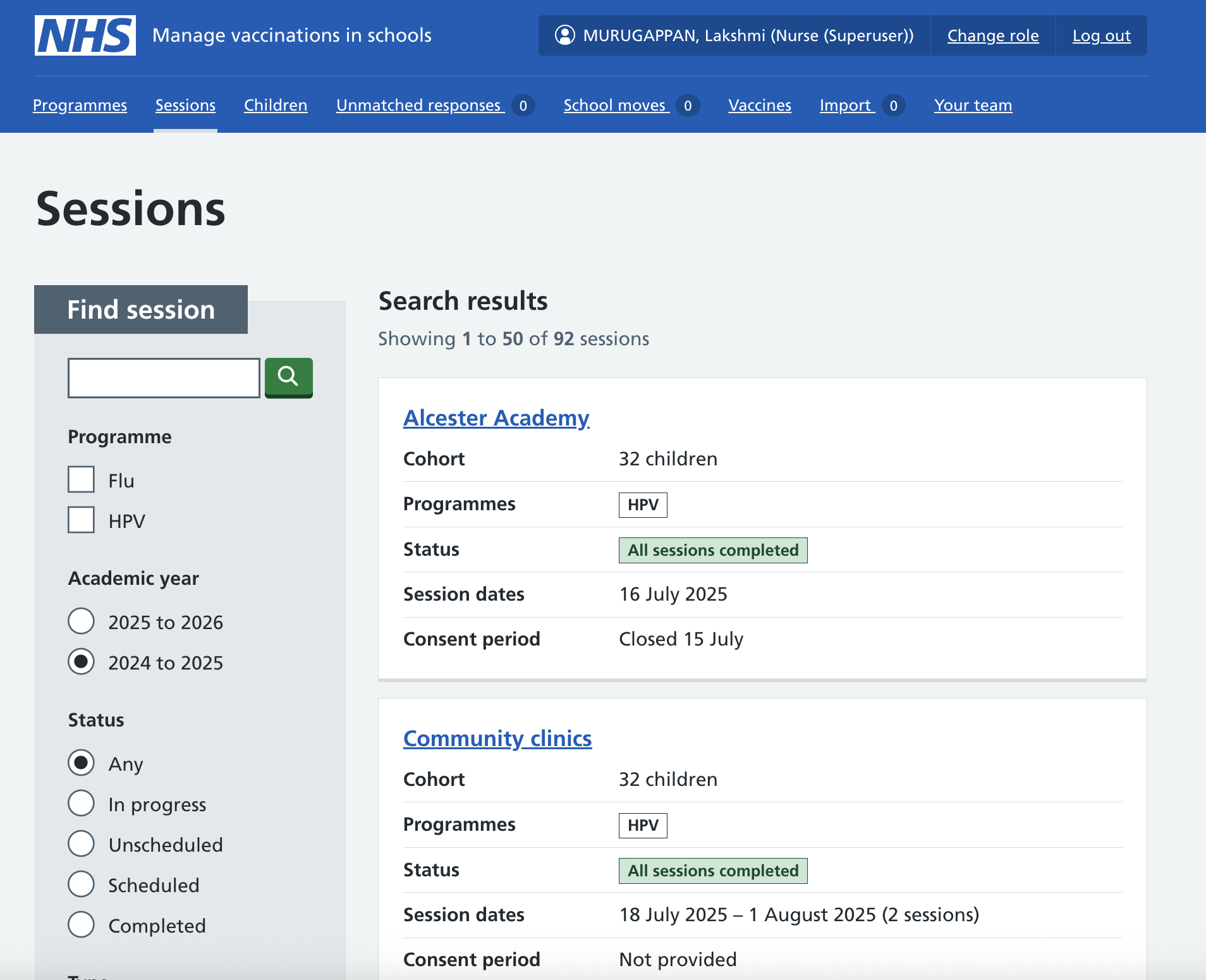 Screenshot of session filters showing two academic years.