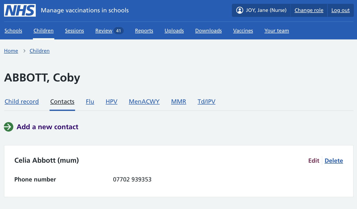 Screenshot of page to add a contact.