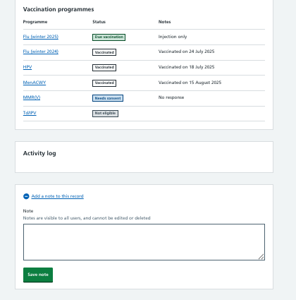 Screenshot of add note on child record.