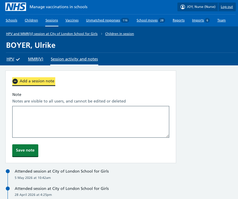 Screenshot of add session note on session activity log.