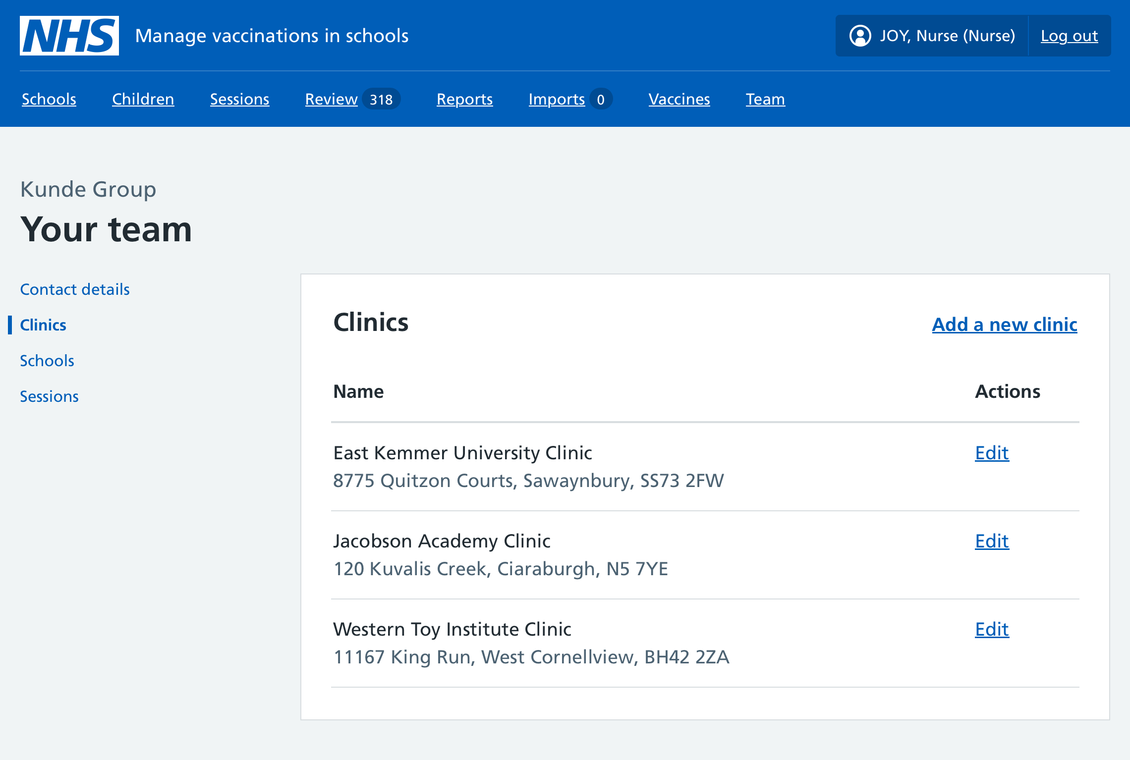 Screenshot of Your team page.