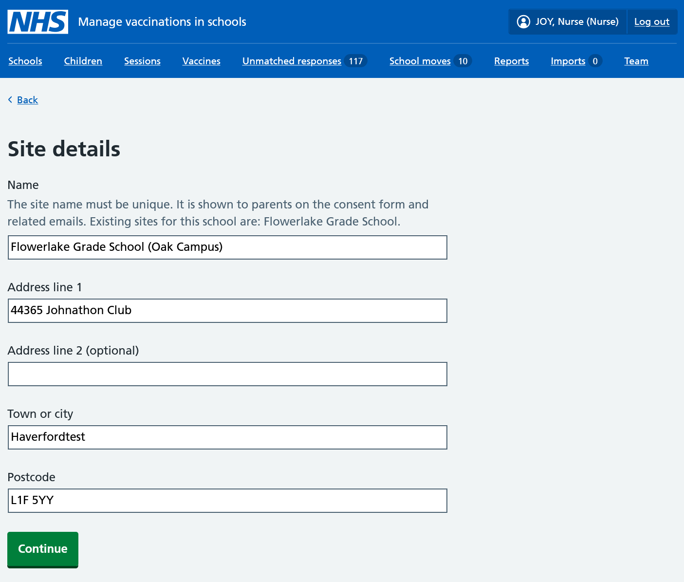 Screenshot of form to enter details of a new site