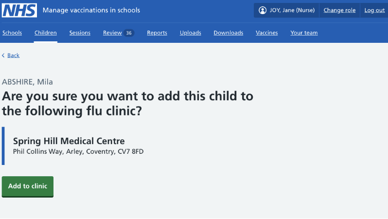 Screenshot of page showing add to clinic button
