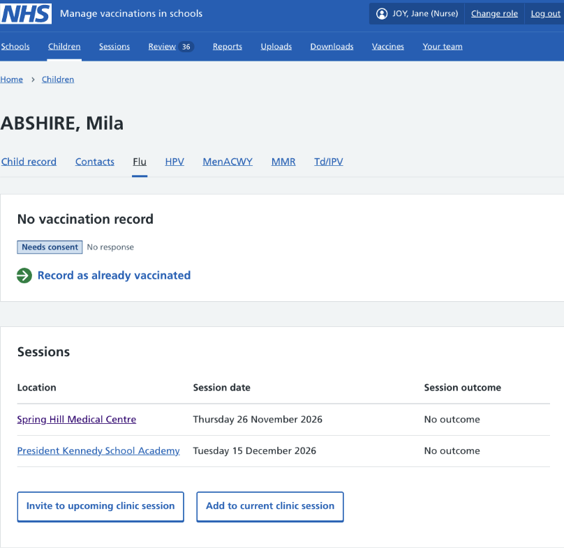 Screenshot of page showing add to current clinic session