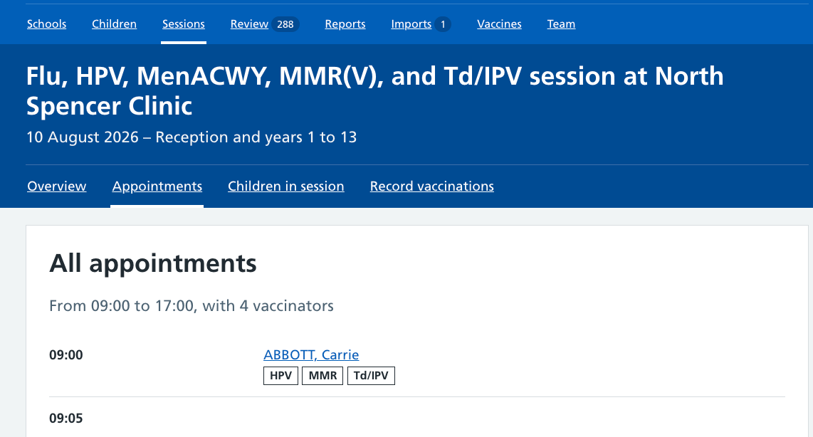 Screenshot of appointments booked for the session.