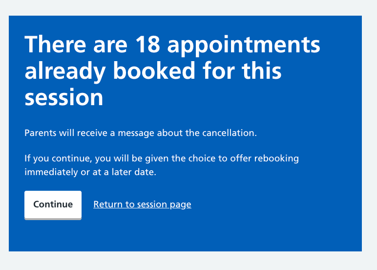 Screenshot of appointment warning.