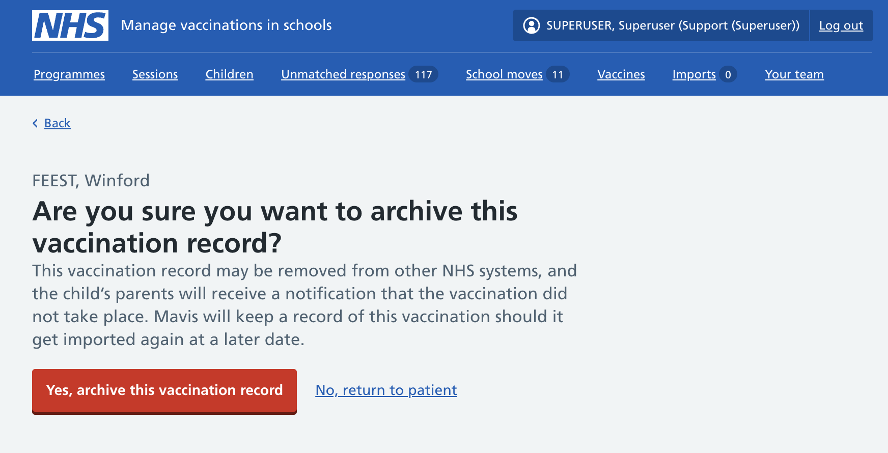 Screenshot of archive vaccination record confirmation.