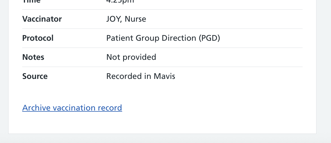 Screenshot of archive vaccination record link.