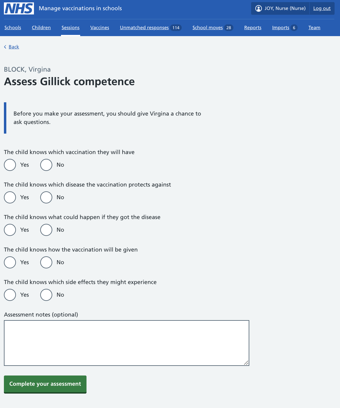 Screenshot of the Assess Gillick competence page.
