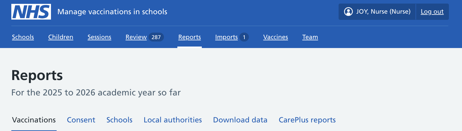 Screenshot of the CarePlus reports link.