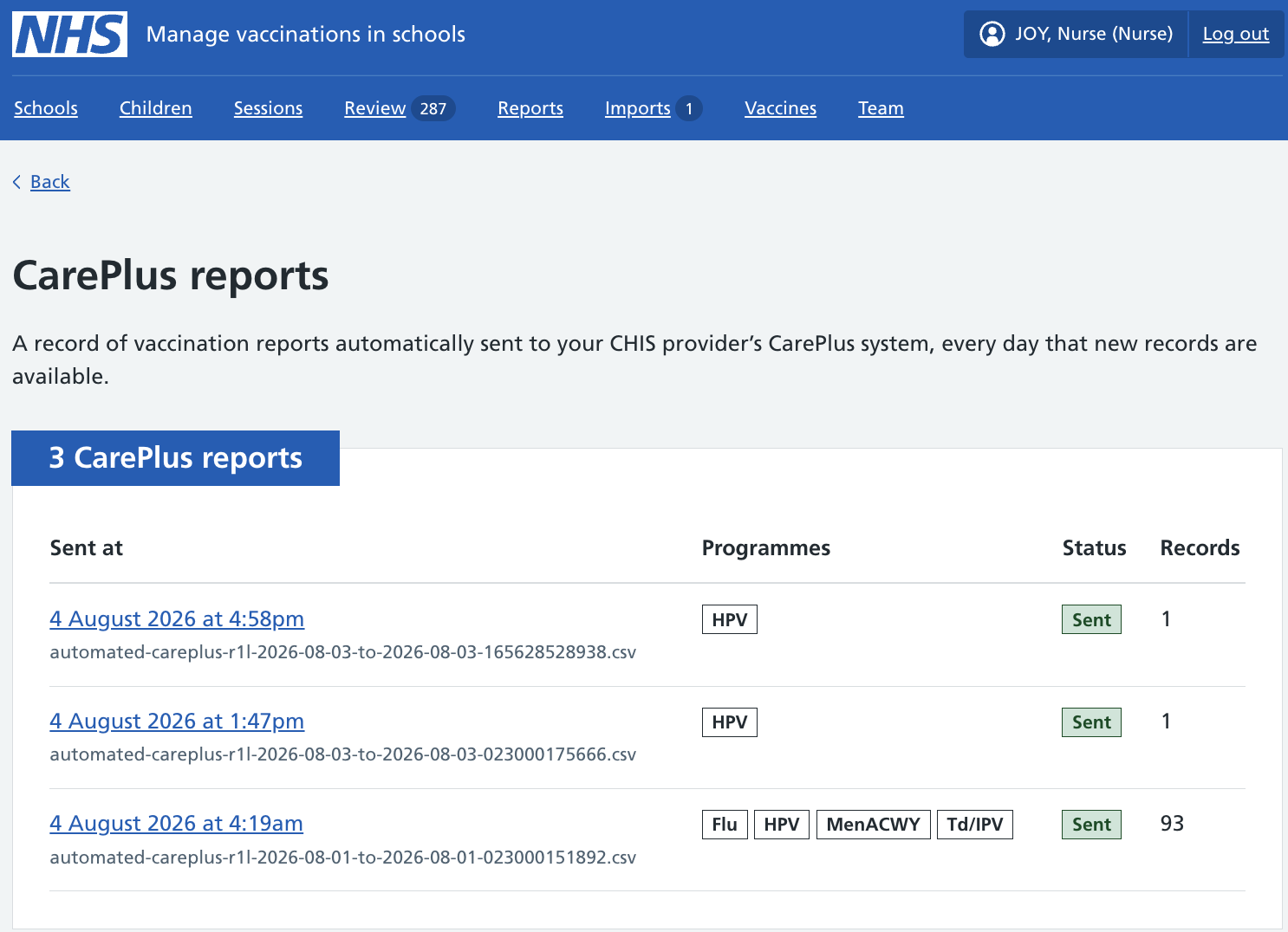 Screenshot of a CarePlus reports list.
