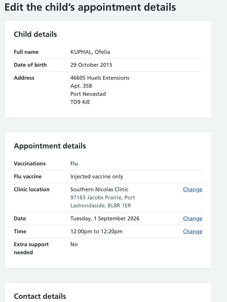 Screenshot of Edit child’s appointment details.