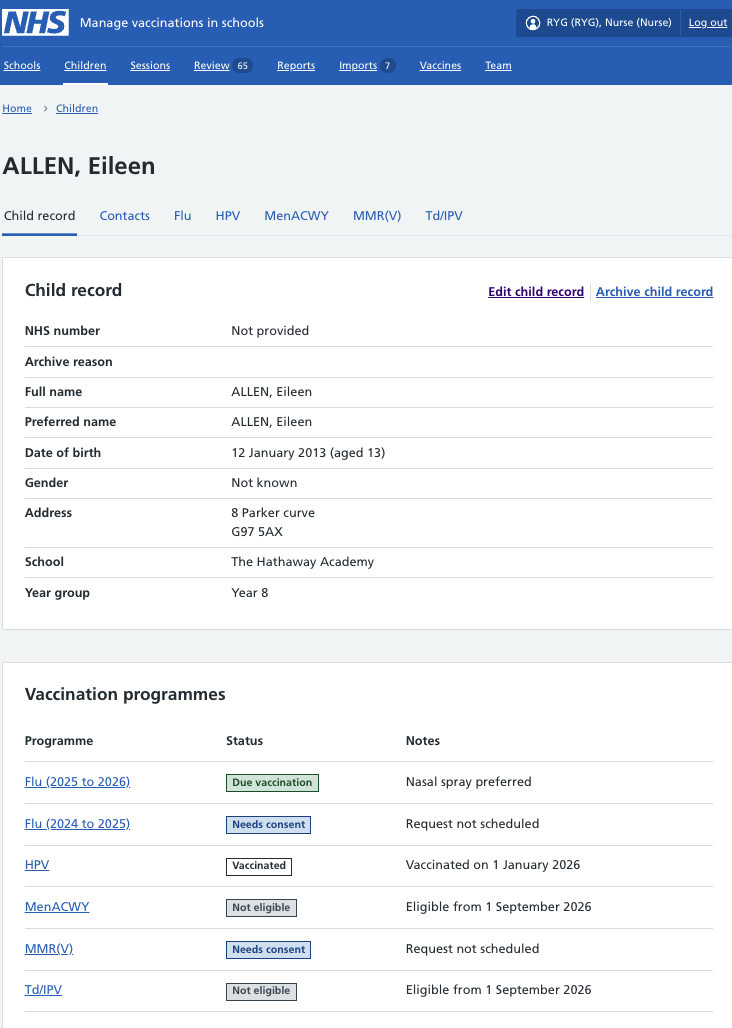 Screenshot of a child record.