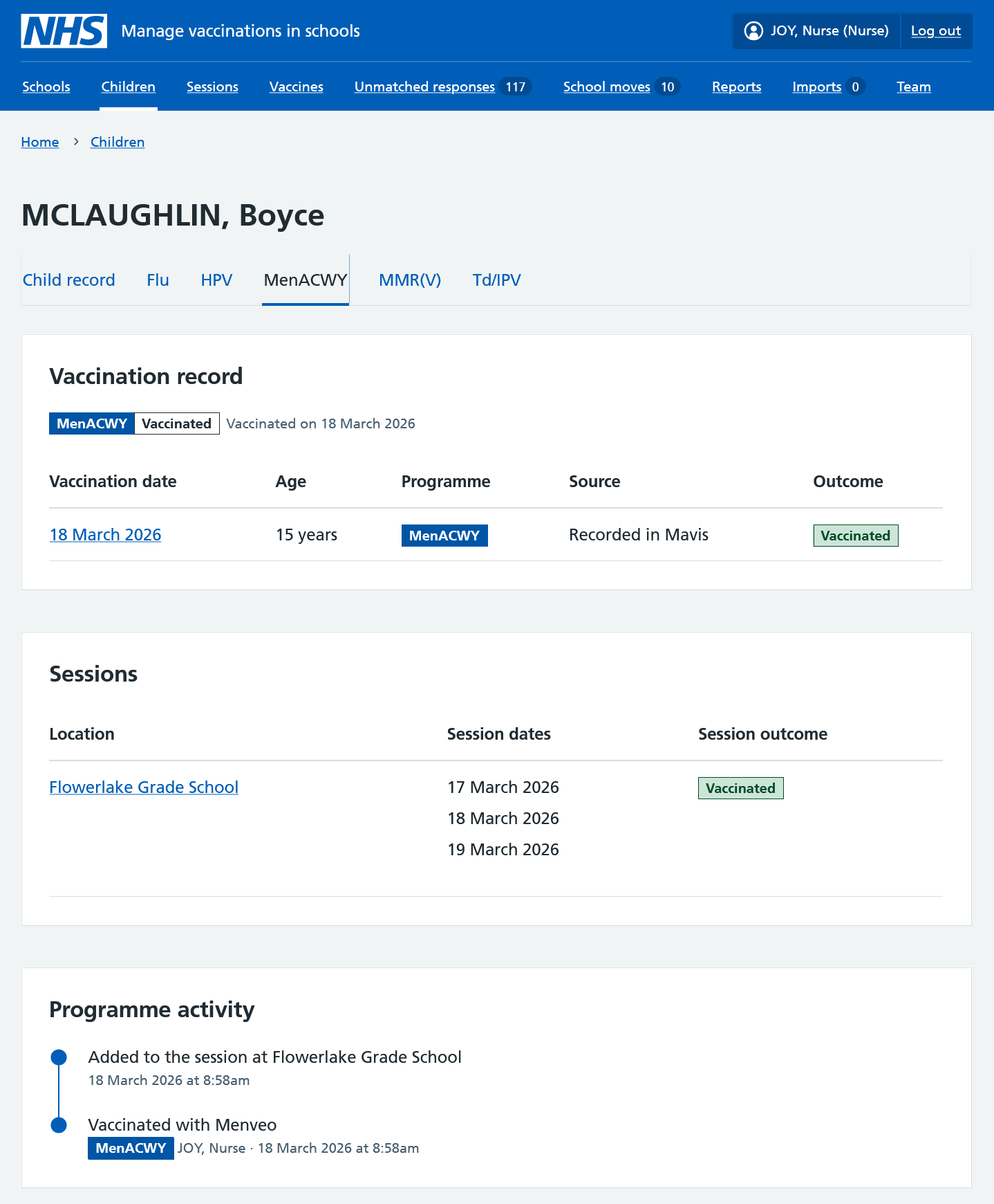 Screenshot of a programme tab of a child record.