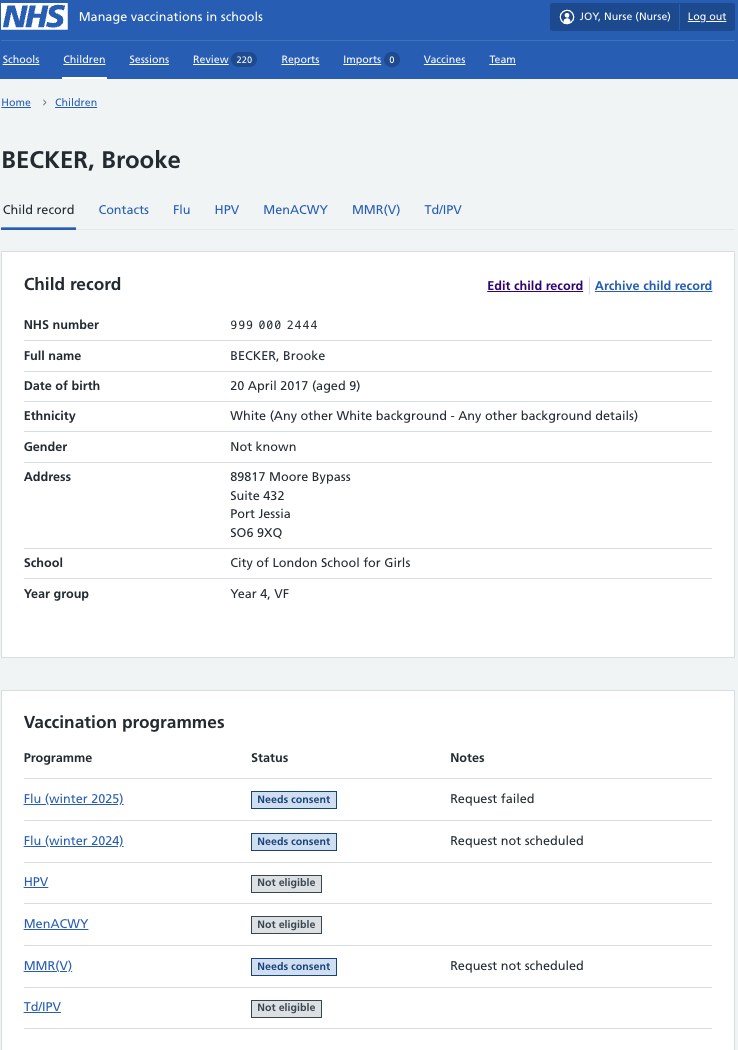 Screenshot of a child record.