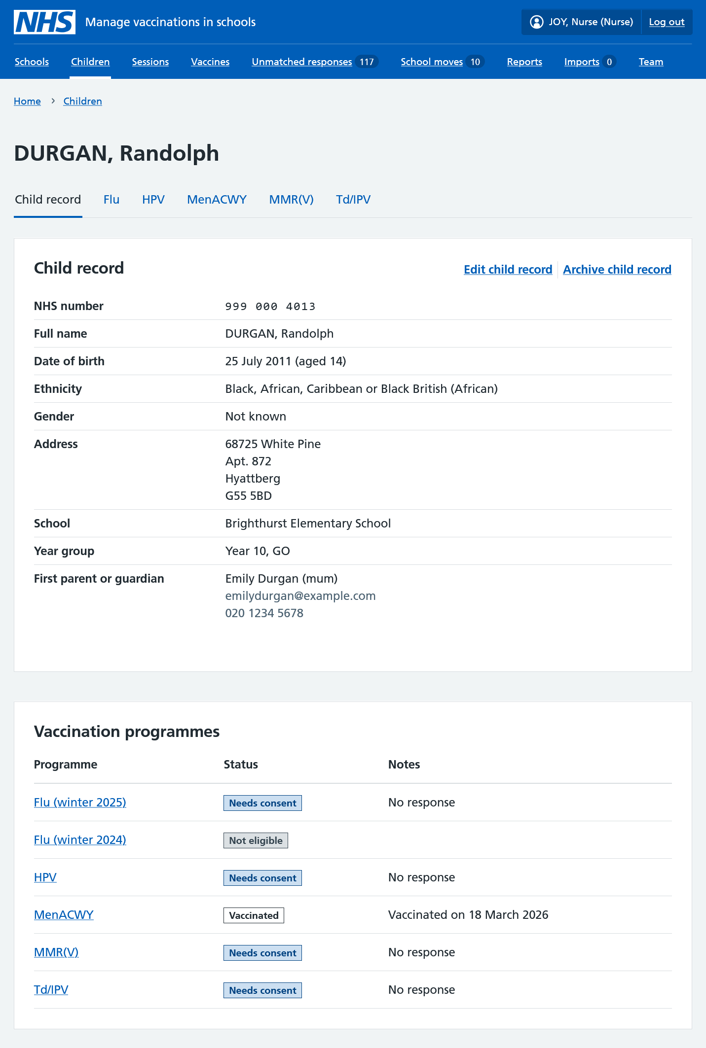 Screenshot of a child record.
