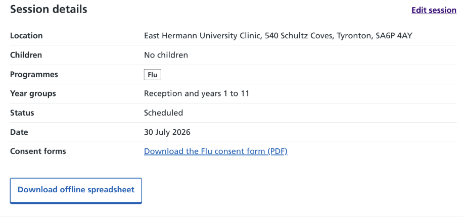 Screenshot of a clinic session details card