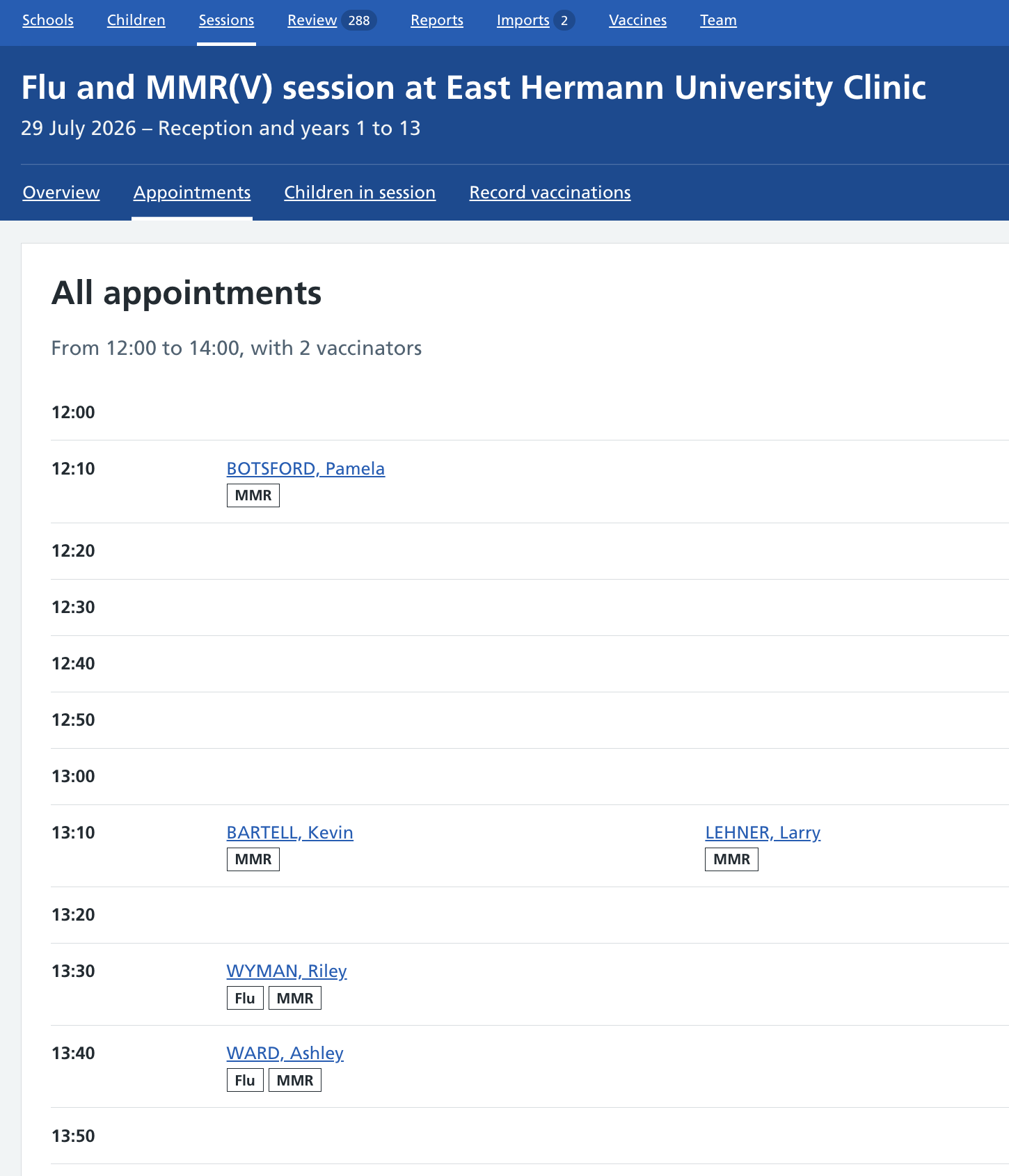 Screenshot of appointments list.