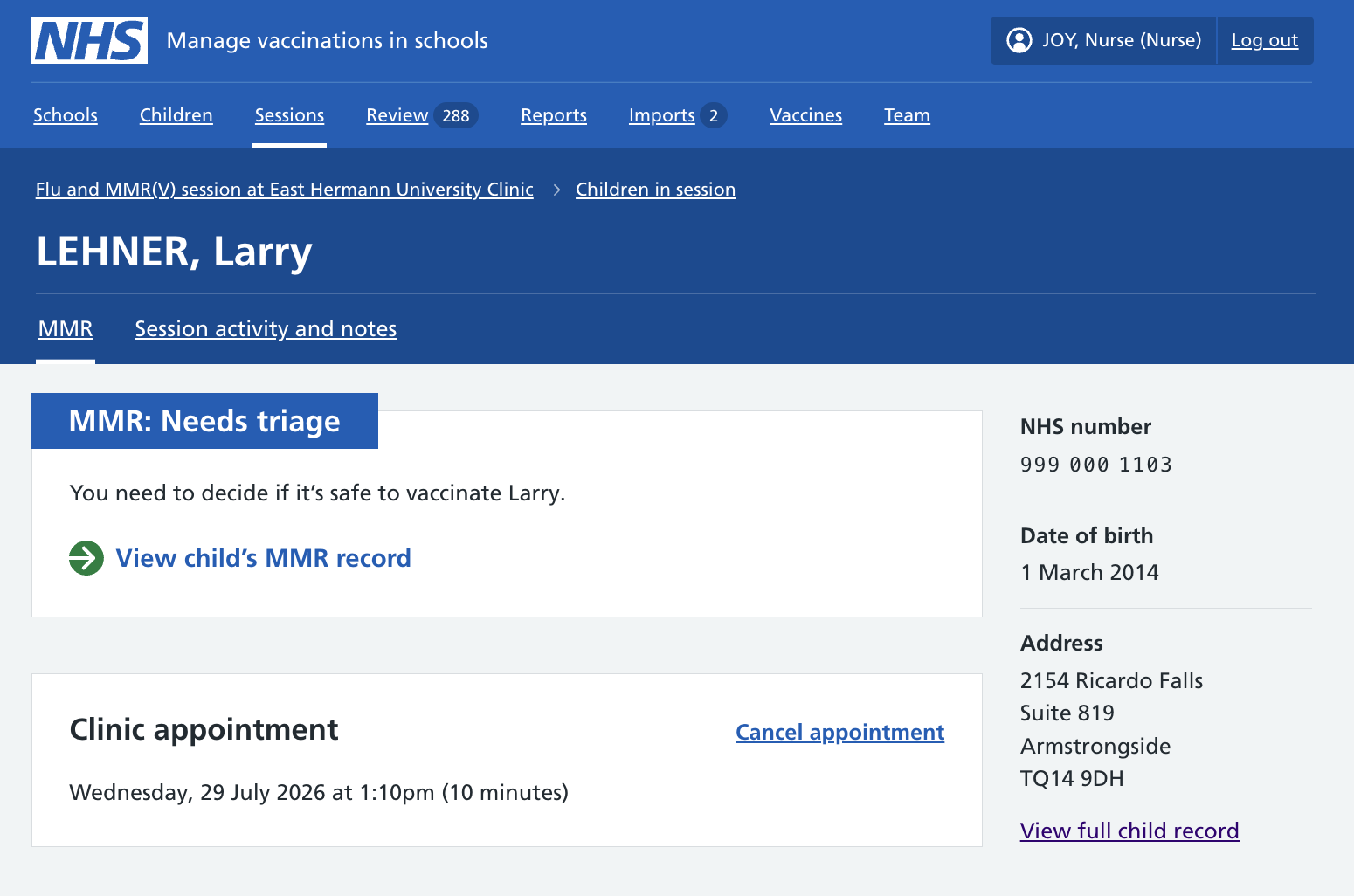 Screenshot of appointments list.