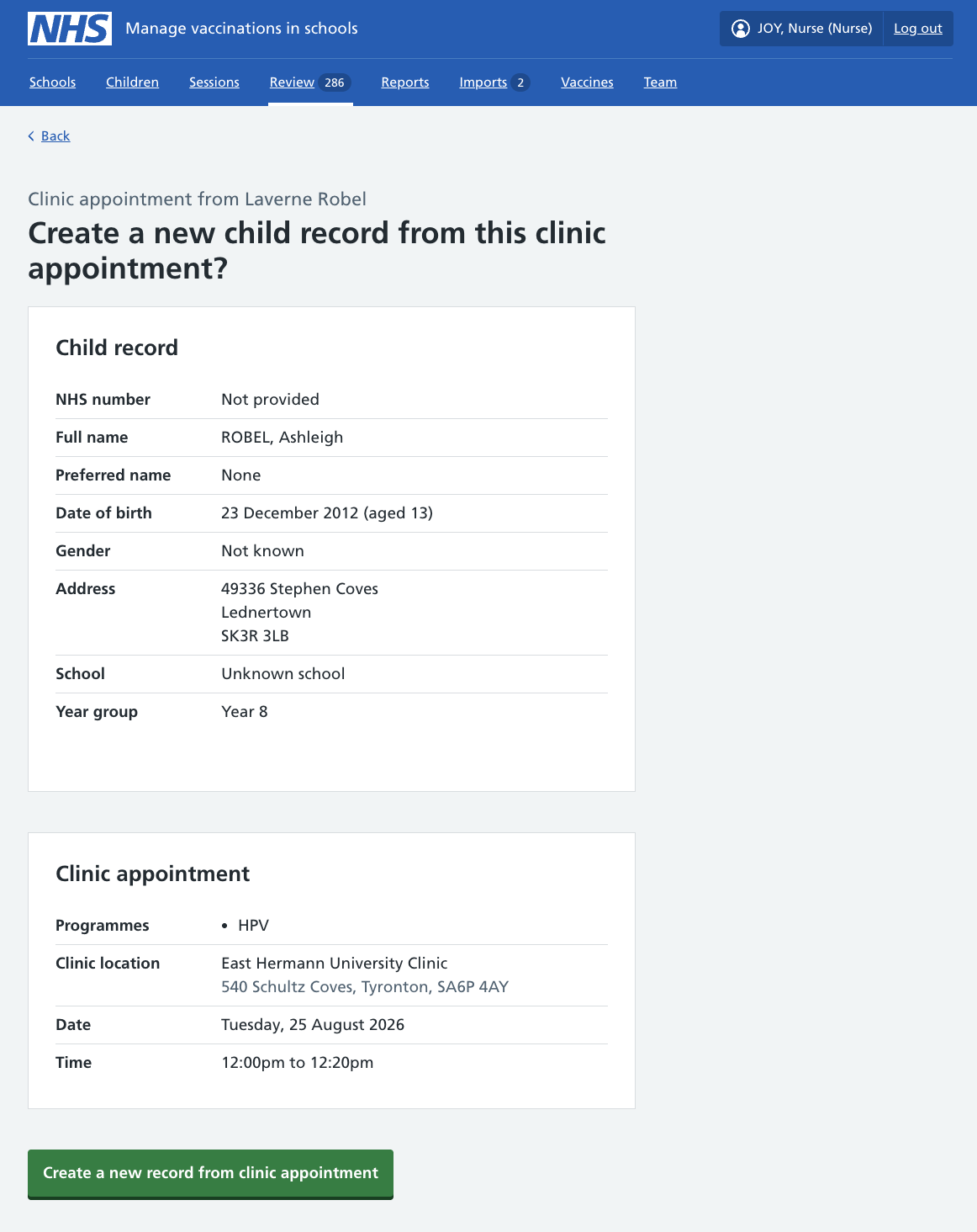 Screenshot of appointments list.