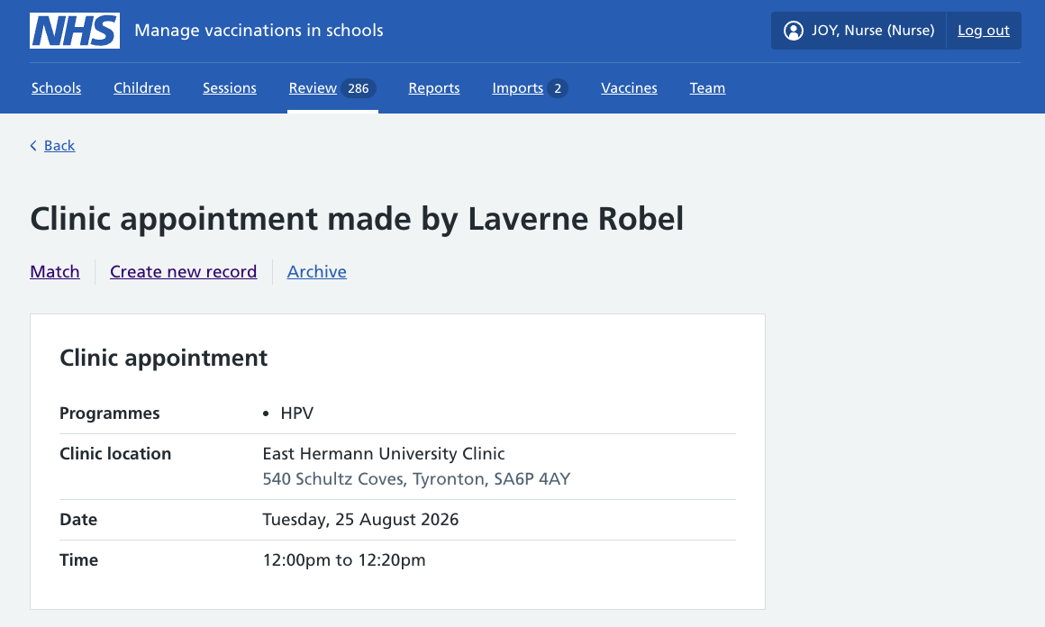 Screenshot of appointments list.