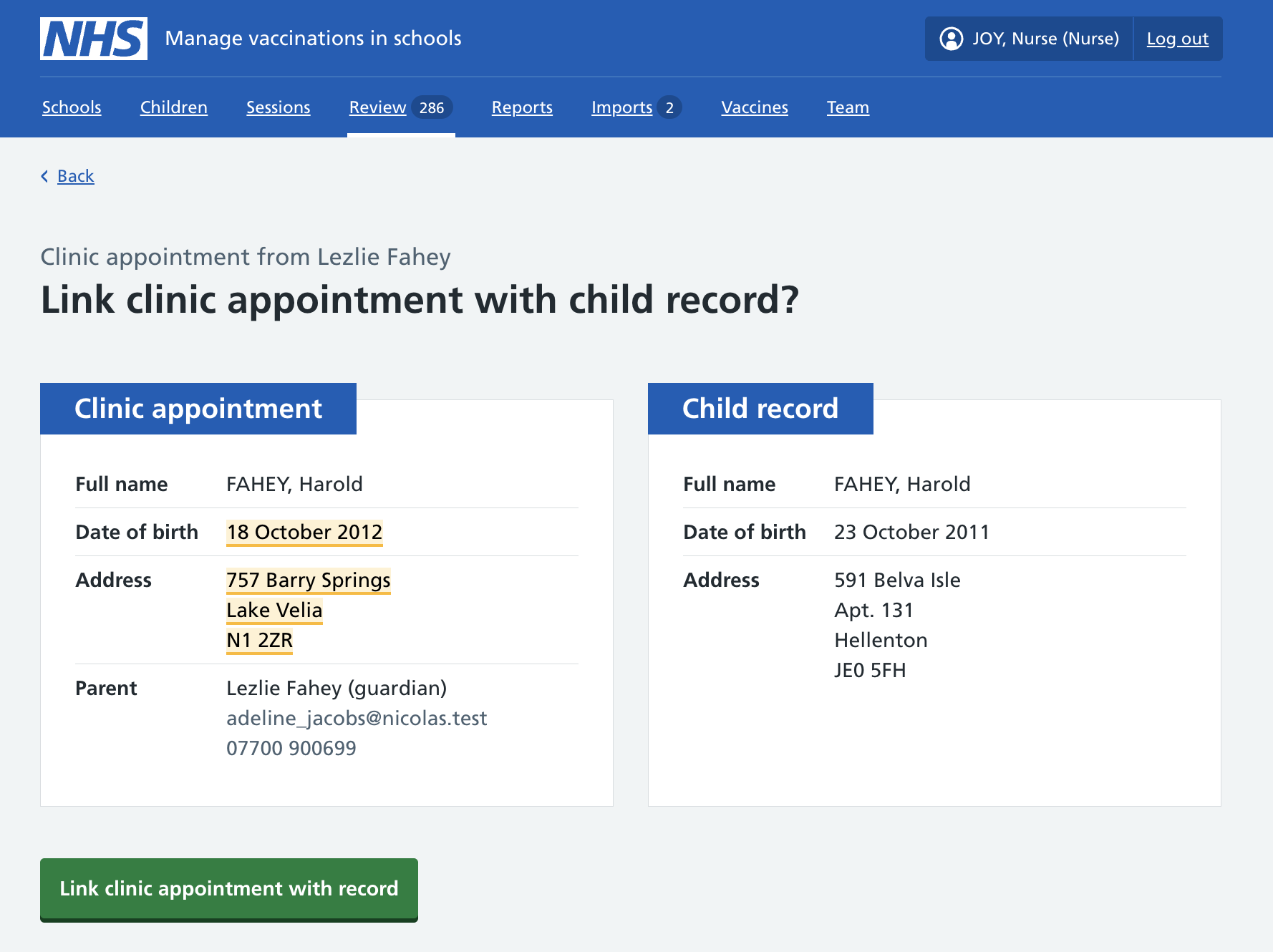 Screenshot of appointments list.
