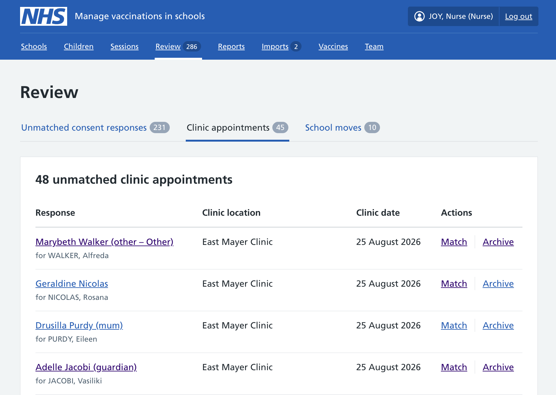 Screenshot of appointments list.