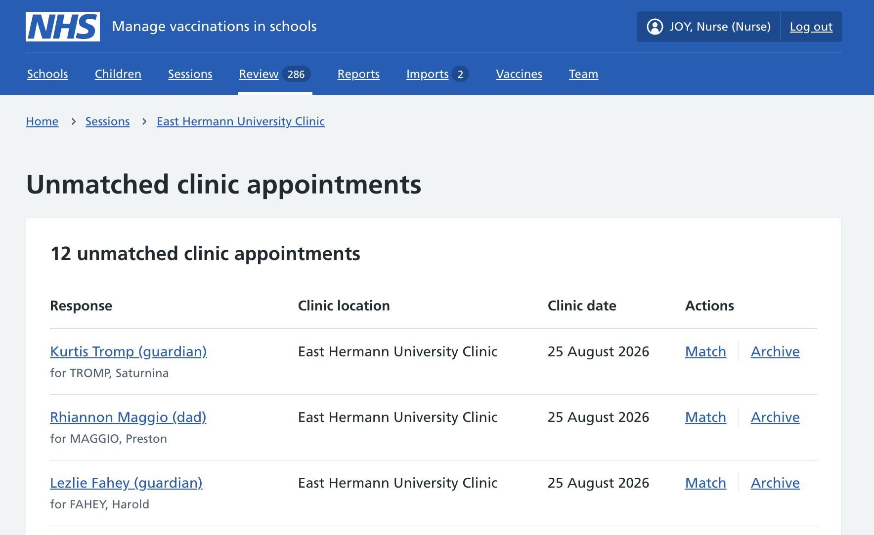 Screenshot of appointments list.