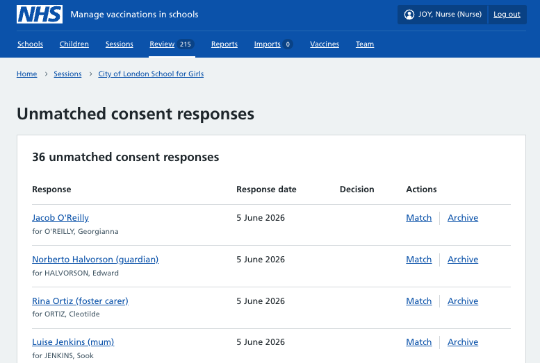 Screenshot of a list of unmatched consent responses.