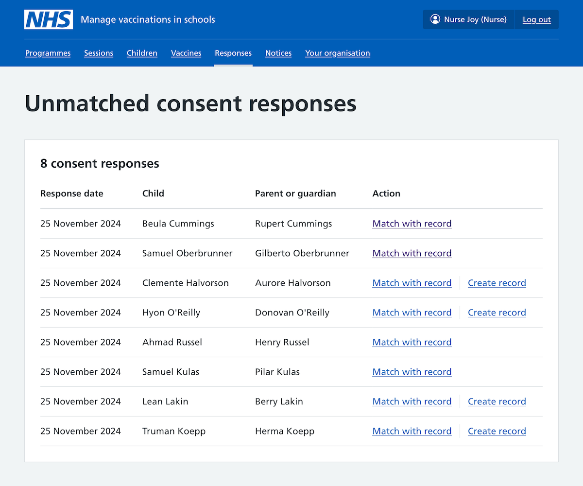 Screenshot of a list of unmatched consent responses.