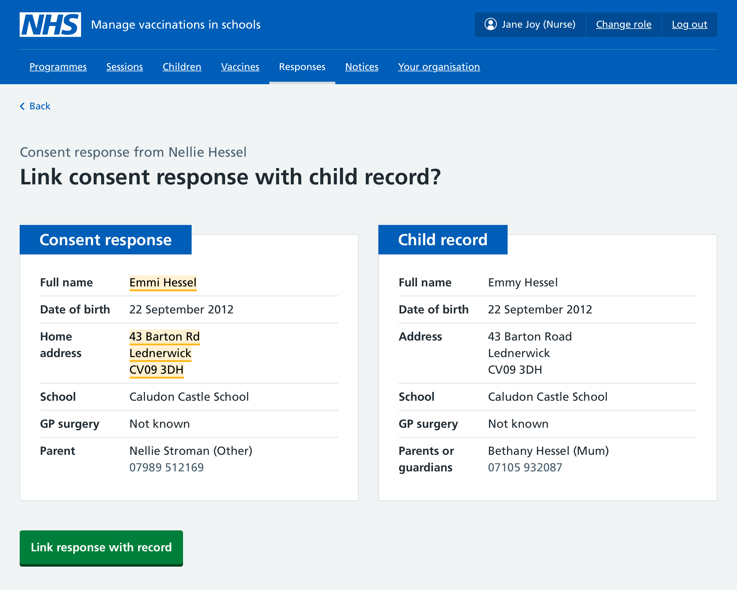 Screenshot of linking a consent response to a child record.