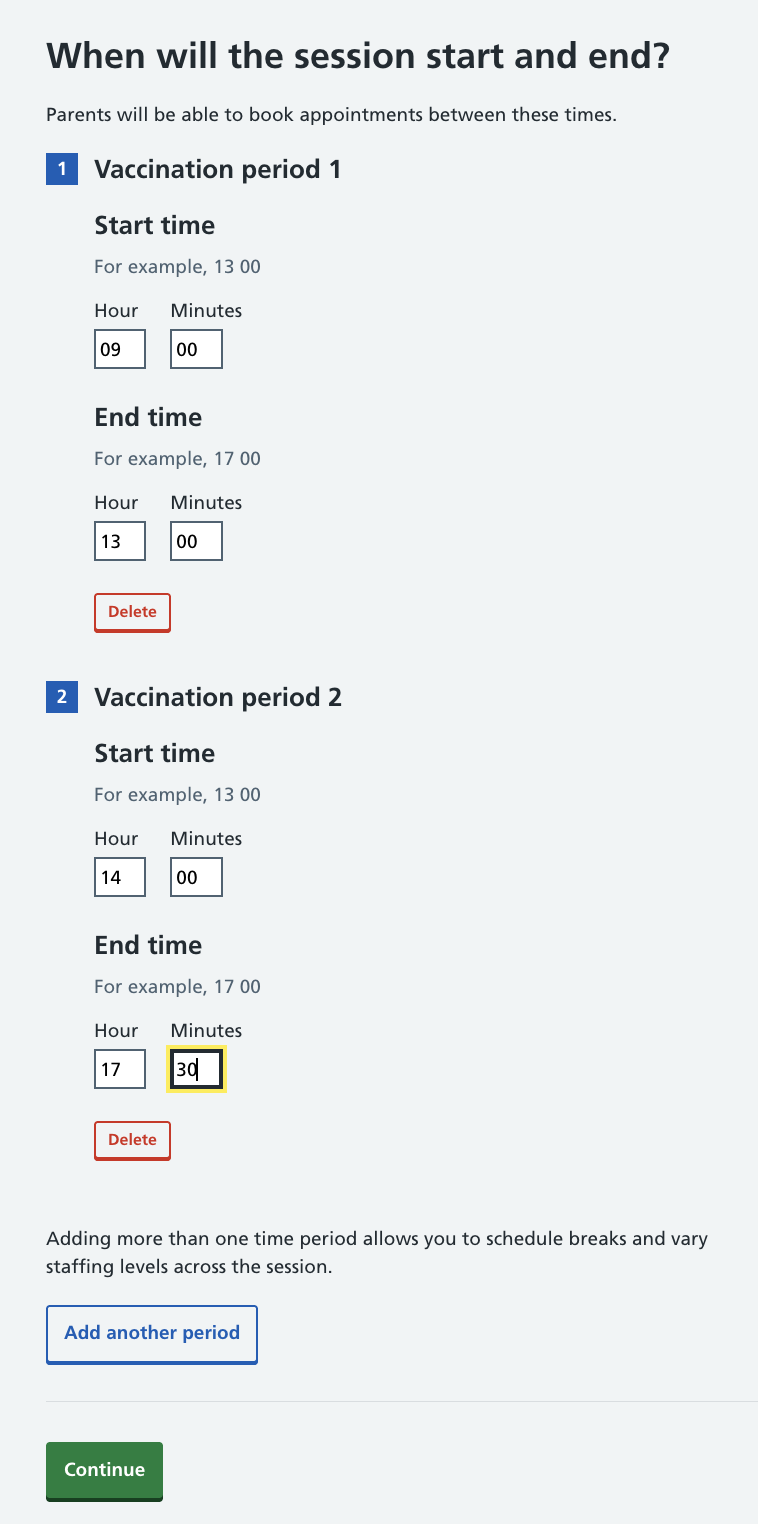 Screenshot of creating session vaccination periods.