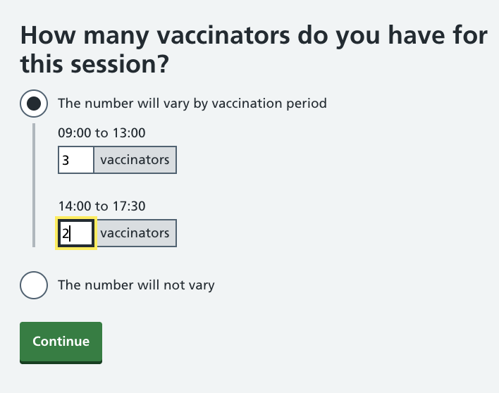 Screenshot of when vaccinators will vary.