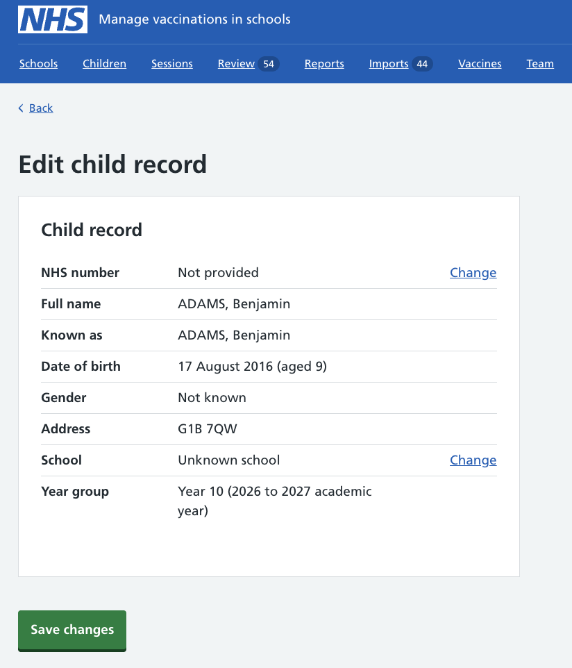 Screenshot of page to edit a child record.