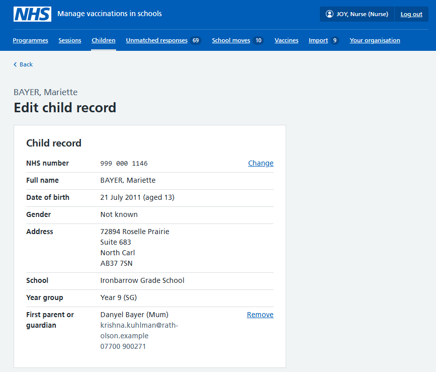 Screenshot of page to edit a child record.