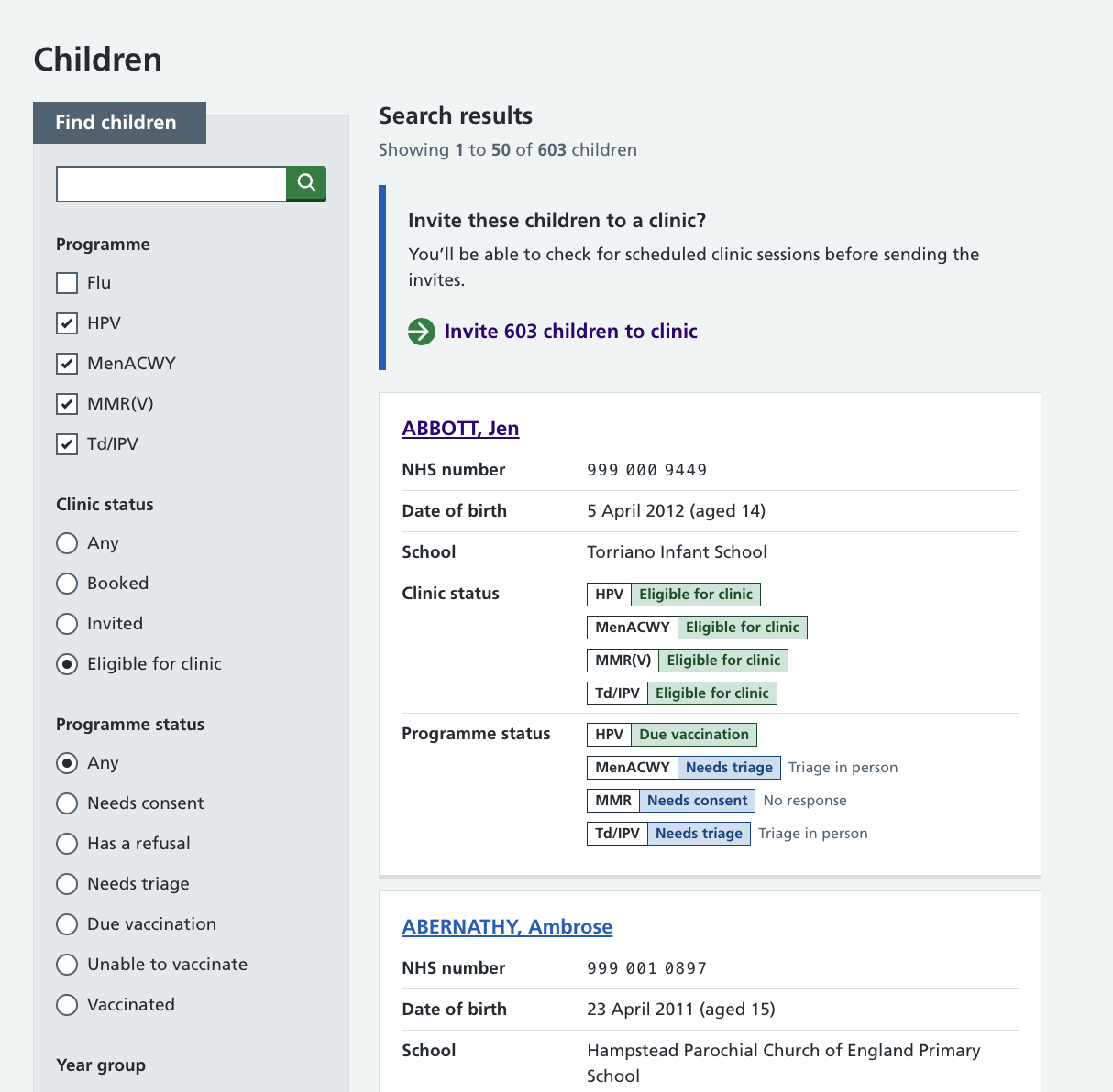 Screenshot of Eligible for clinic filter.