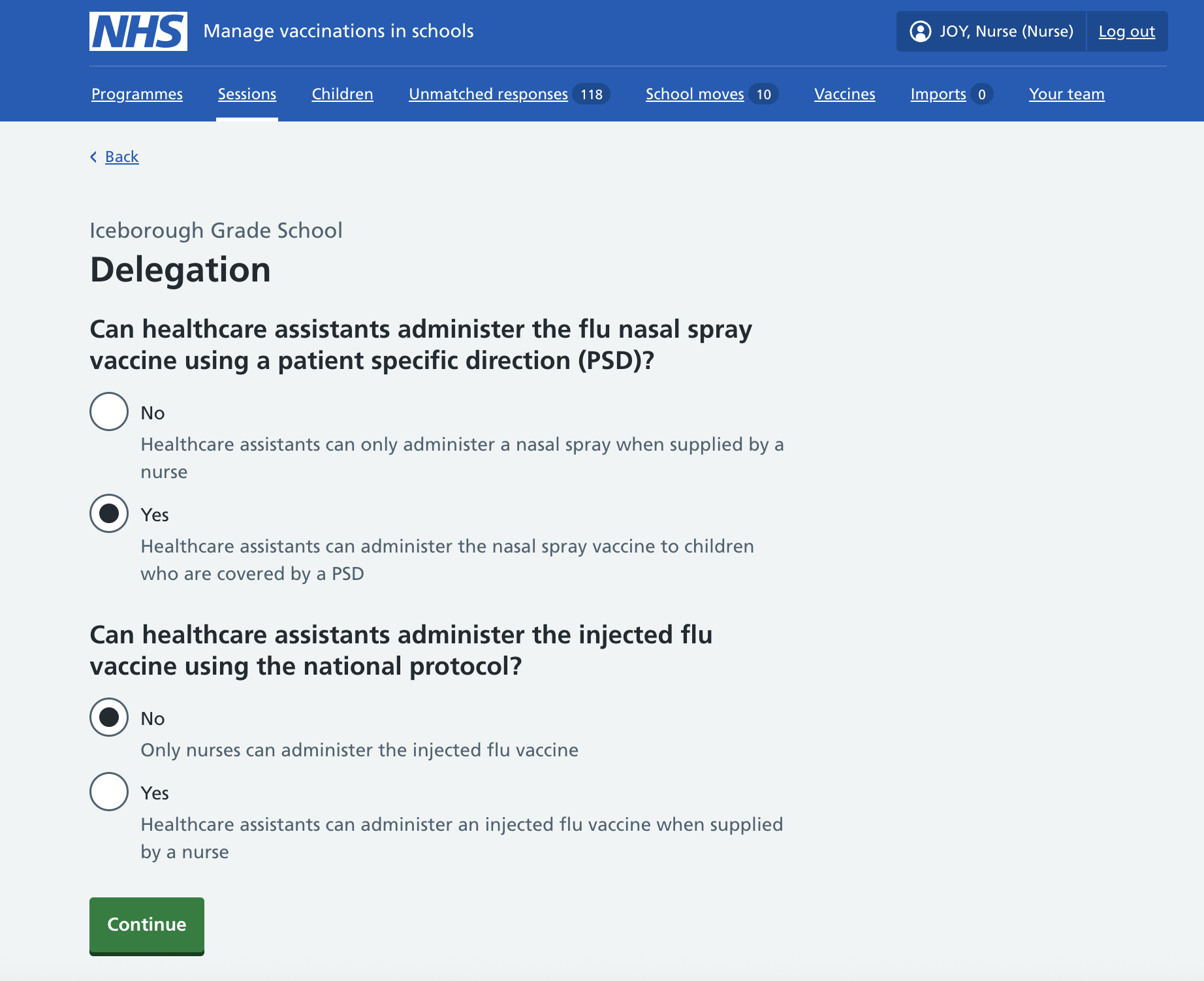 Screenshot of session delegation settings.