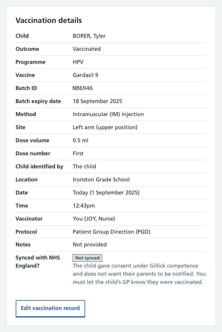 Screenshot of a vaccination record that is not synced.