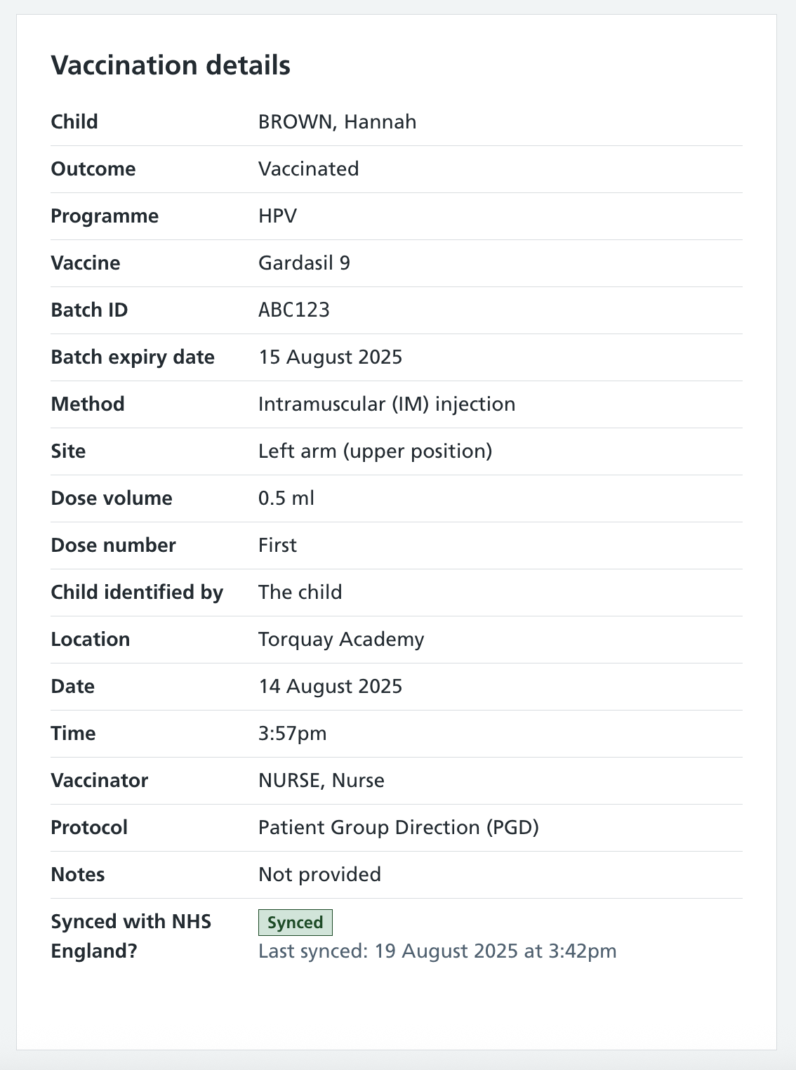Screenshot of synced vaccination record.