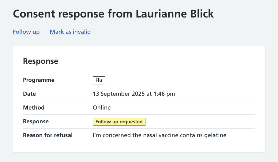 Screenshot of follow up link on consent response.