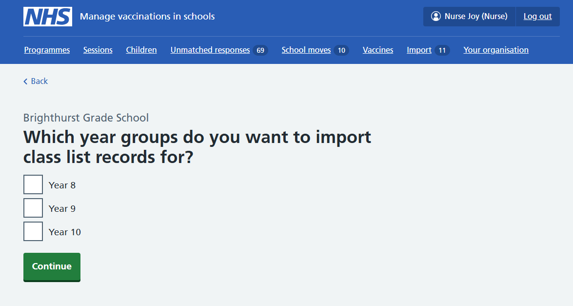 Screenshot of choosing year groups for class list imports.