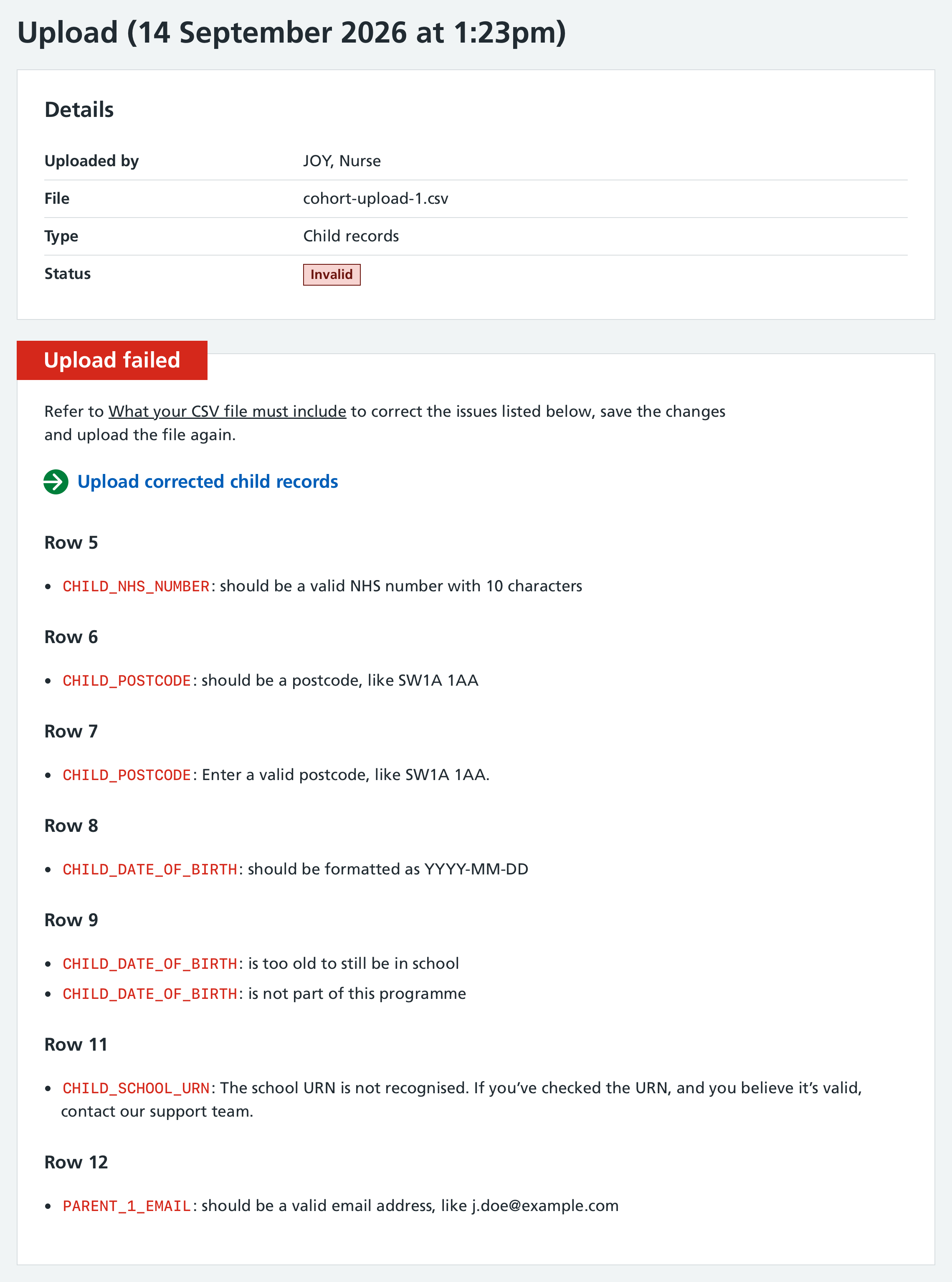 Screenshot of invalid upload.