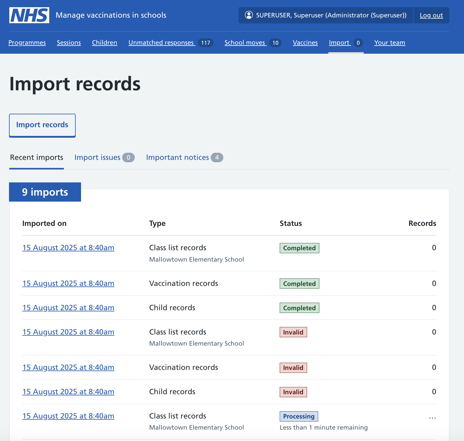 Screenshot of Import page.