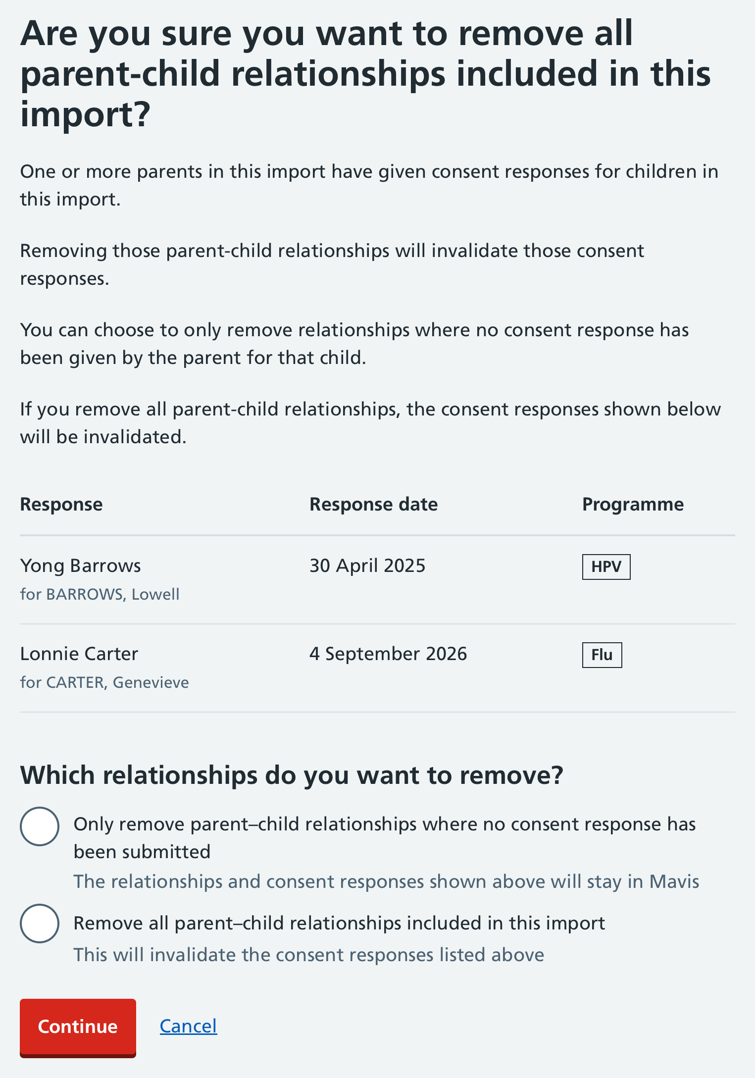 Screenshot of remove parent-child relationships confirmation screen