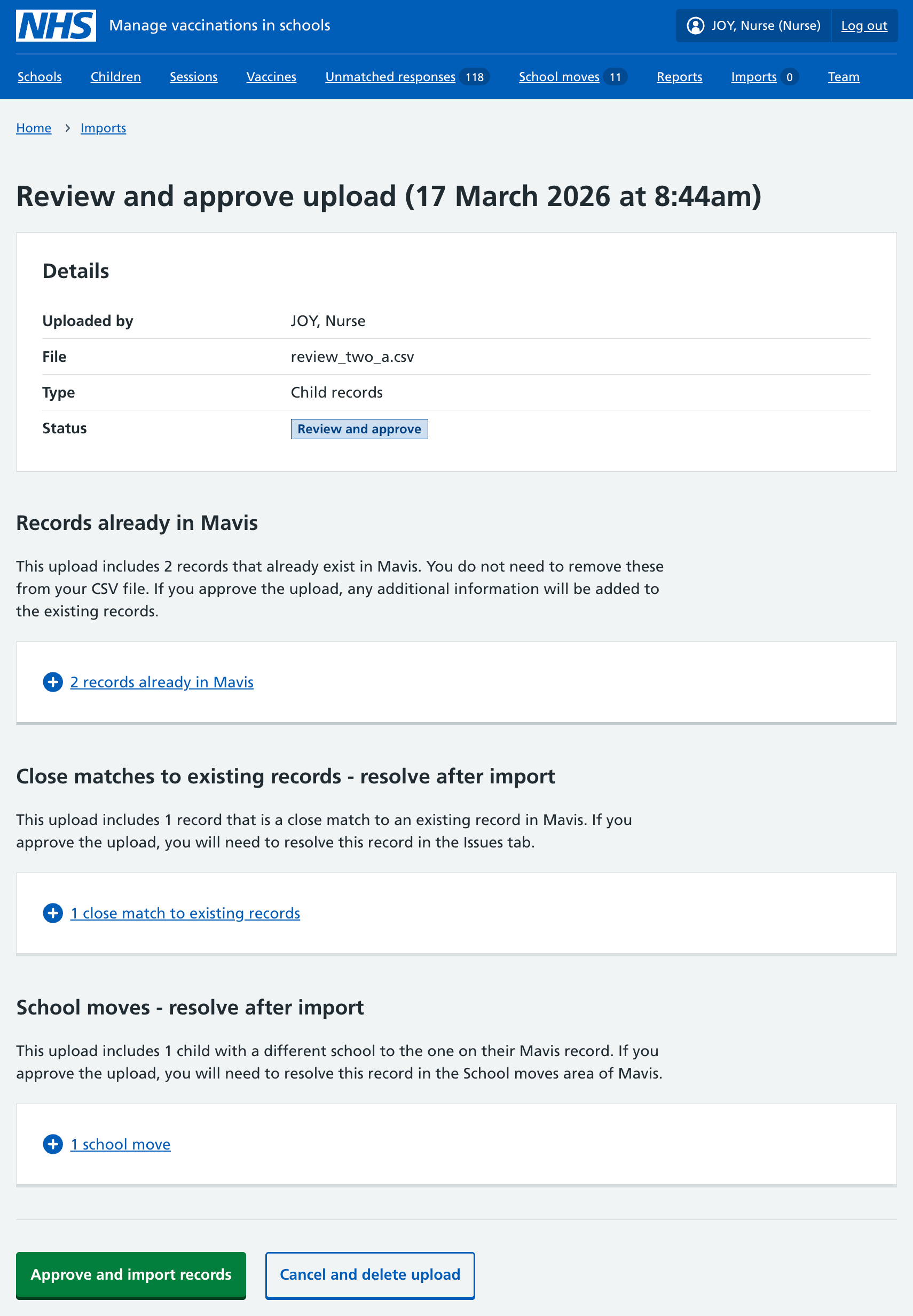 Screenshot of review screen for cohort import.
