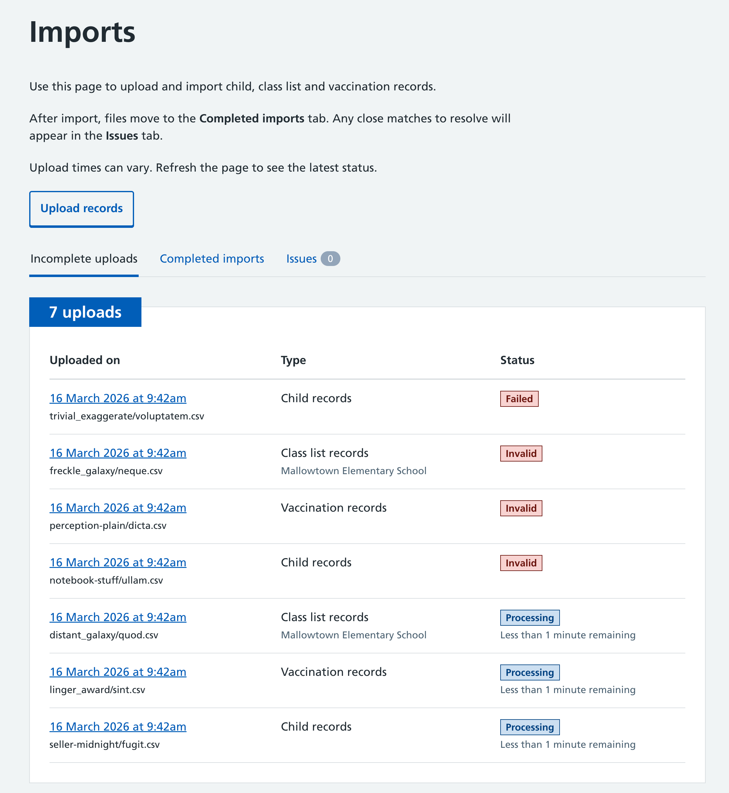 Screenshot of uploads table.