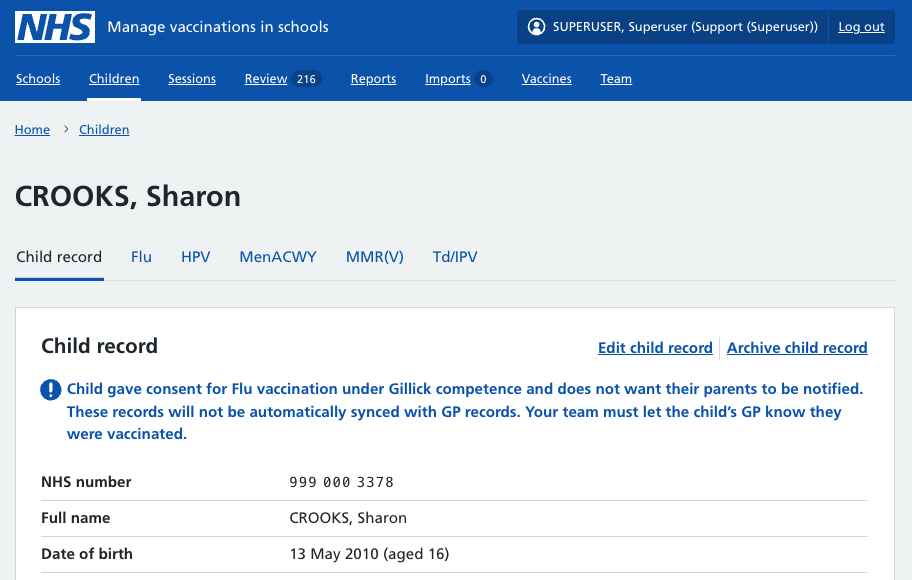 Screenshot of child record with important notice.