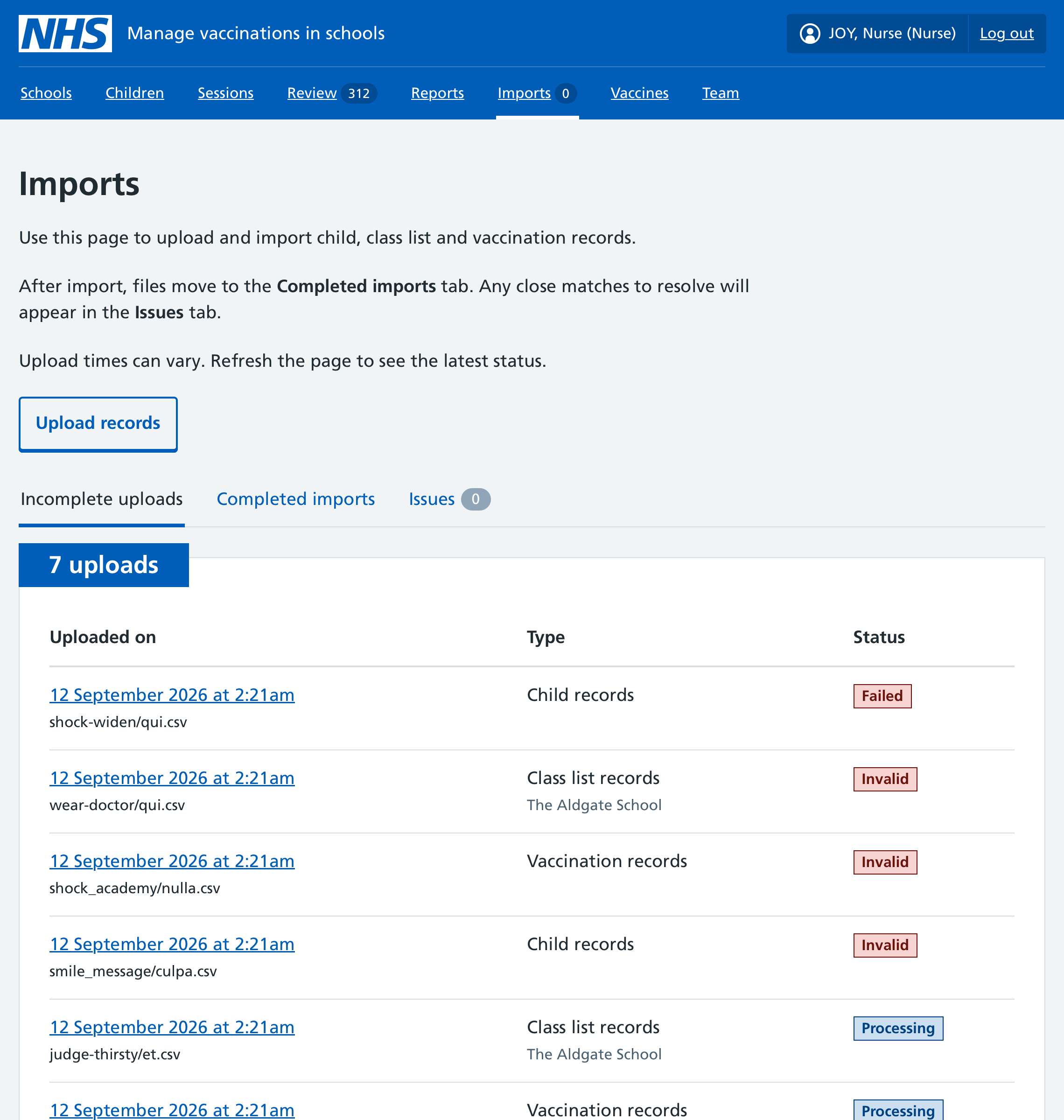 Screenshot of Imports section.