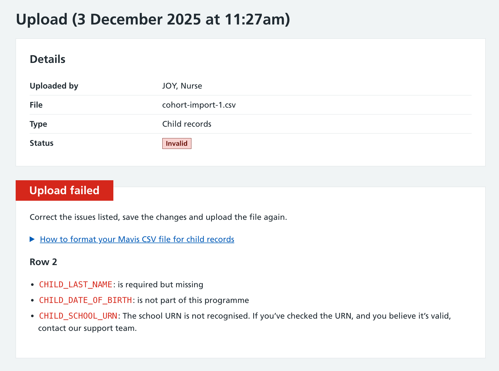 Screenshot of invalid upload.